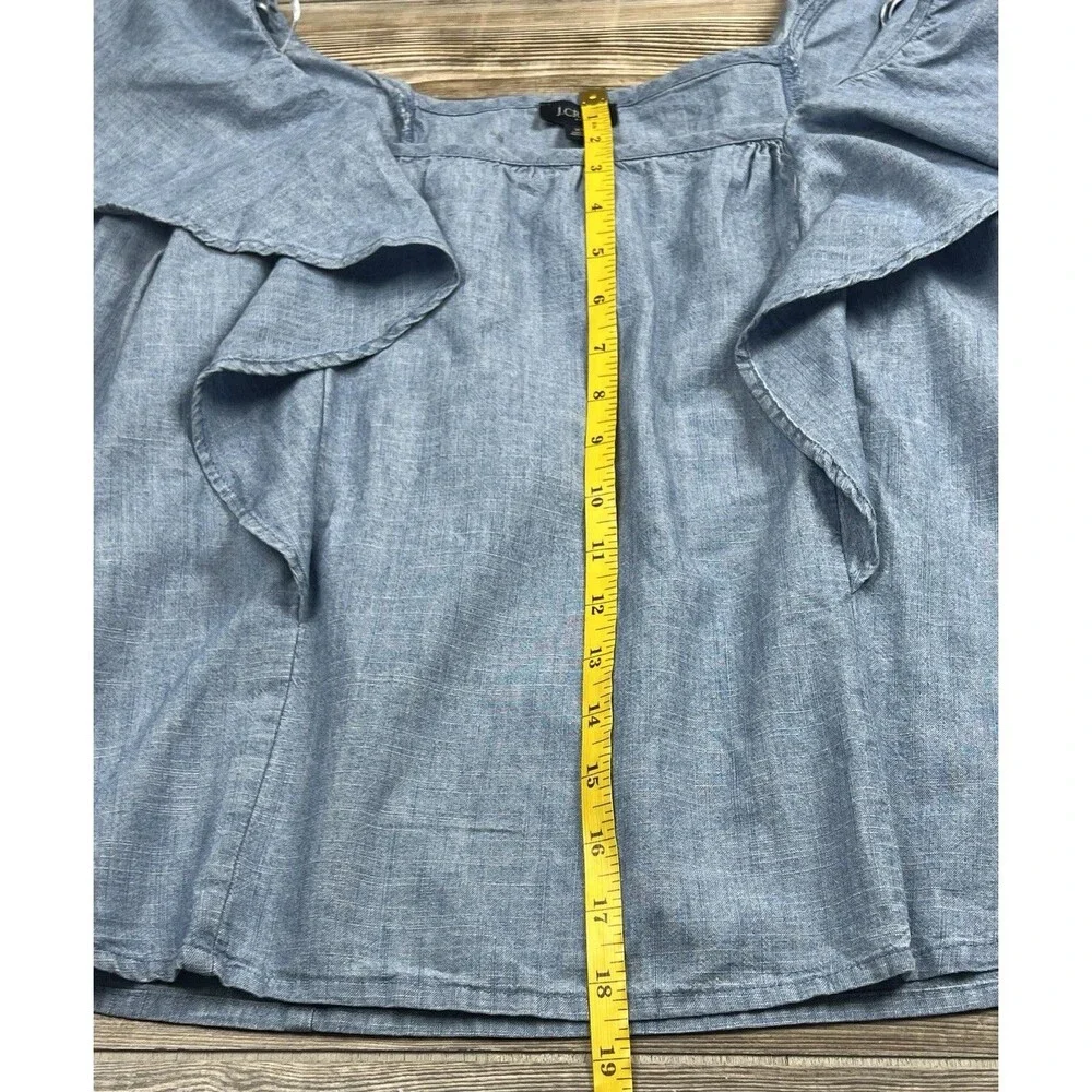 J. Crew Chambray Ruffle Square Neck Blouse XS Beach Coastal Romantic Cottagecore